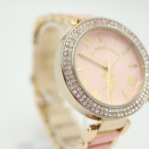 US POLO ASSN Ladies Pink Gold Tone Watch 40mm Jewel Bezel with New Battery - Picture 8 of 13